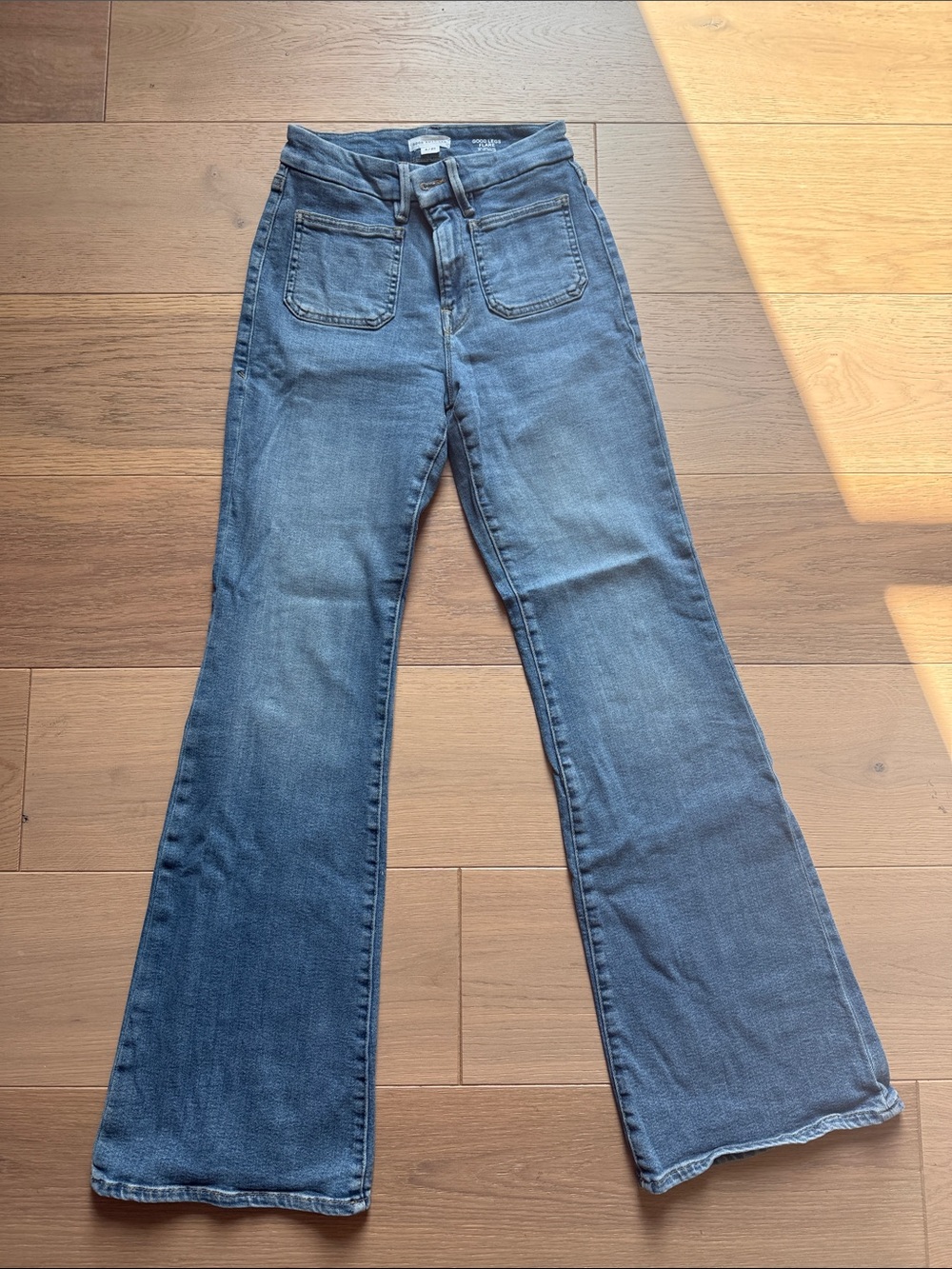 Good American Medium Blue High-Rise Flare Jeans